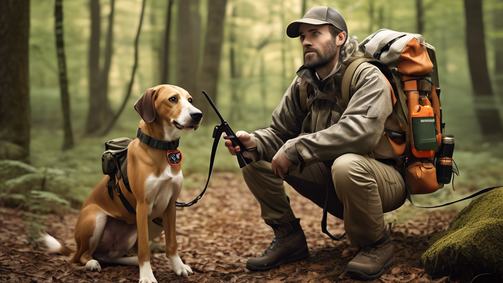 Create an image of a well-equipped hunter in the woods, accompanied by a hound. The hunter's backpack is filled with essential hunting gear like a GPS tracker, water bottle, first-aid kit, dog treats,
