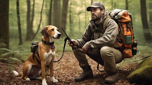 Create an image of a well-equipped hunter in the woods, accompanied by a hound. The hunter's backpack is filled with essential hunting gear like a GPS tracker, water bottle, first-aid kit, dog treats,