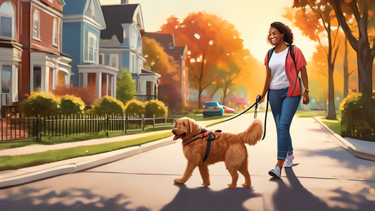 Create a vibrant and detailed image of an experienced pet owner walking a large, strong dog with a heavy-duty leash. Make sure the leash looks durable with features like thick, reinforced material, a 