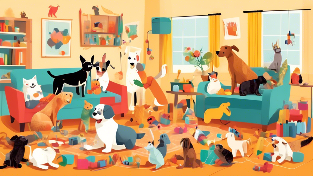 A joyful scene of various pets including dogs, cats, and rabbits playing with colorful and imaginative homemade or budget-friendly toys made from everyday household items like socks, cardboard tubes, 
