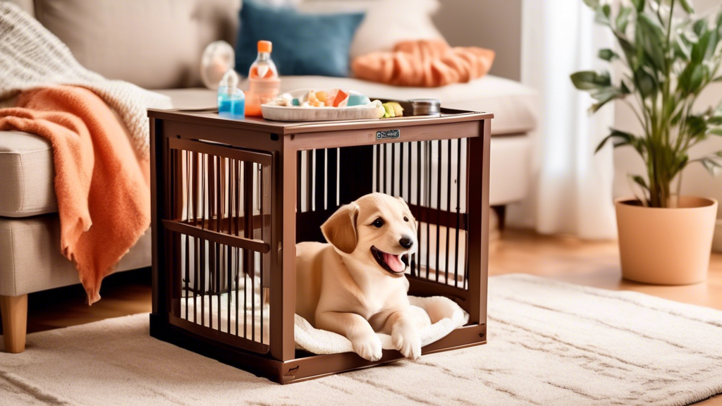 A cozy and well-furnished puppy crate situated in a living room, with a happy, playful puppy sitting inside. The crate has a soft blanket, a couple of chew toys, and water and food bowls. Outside the 