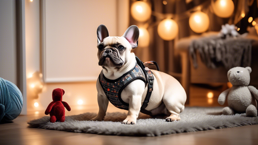 A cozy indoor setting showcasing a French Bulldog wearing a stylish and comfortable harness, paired with a matching leash. The dog looks happy and content, standing on a plush rug with a few toys scat