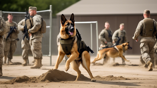 Create an image of a military training center where highly disciplined dogs and their handlers work together. Show a scene with a German Shepherd wearing tactical gear, attentively responding to a han