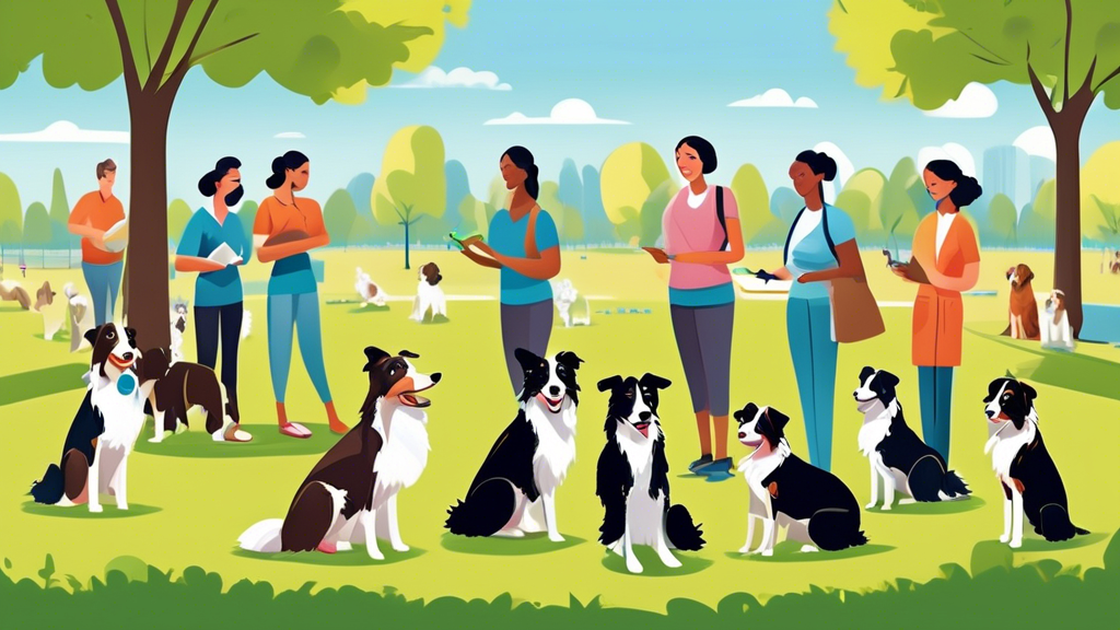 A vibrant, cheerful scene depicting an outdoor dog training class with attentive Border Collies and their owners. The setting is a lush, green park with a few trees and a clear blue sky. The trainer, 