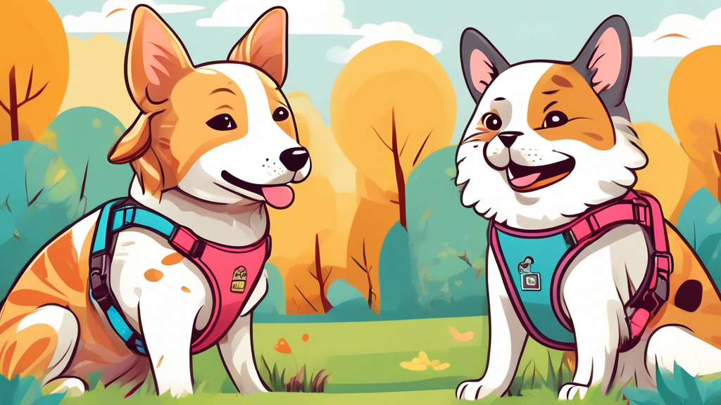 Create an image of a happy dog and cat duo, each wearing different colorful harnesses, exploring a scenic park with their owner. The harnesses should be comfortable and well-fitted, showcasing a varie