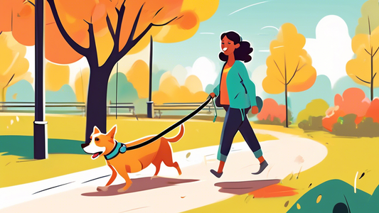 A cheerful dog on a sunny day, attached to a stylish and durable bungee dog leash, with a happy pet owner enjoying a walk in a picturesque park. The leash gently stretches as the dog playfully bounds 