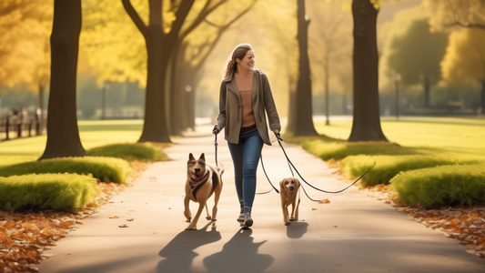 Create an image showing a person peacefully walking two well-behaved dogs in a scenic park using a double dog leash. The leash splits into two lines, one for each dog, illustrating the practicality an