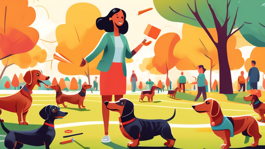 A vibrant illustration of a happy Dachshund being trained by its owner in a sunny park. The owner is holding a treat and giving a command, while the Dachshund attentively watches, ready to obey. Nearb