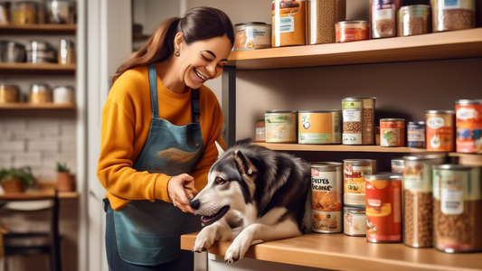 A heartwarming scene showing a cheerful dog owner in a cozy kitchen, carefully reading dog food labels while their excited dog watches. The kitchen shelves are lined with various types of dog food, ra