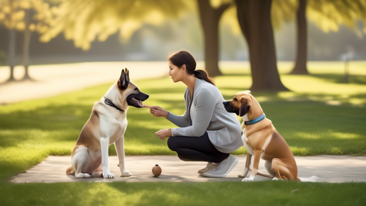 Create a detailed and calming image of a professional dog trainer working with a reactive dog in a serene, outdoor setting. The trainer should be using positive reinforcement techniques, including tre