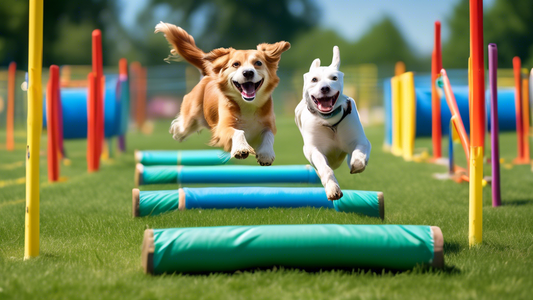 Create an image of a lively outdoor scene at a dog agility training ground. Show a variety of dogs and their enthusiastic owners, with some dogs navigating through tunnels, jumping over hurdles, and w