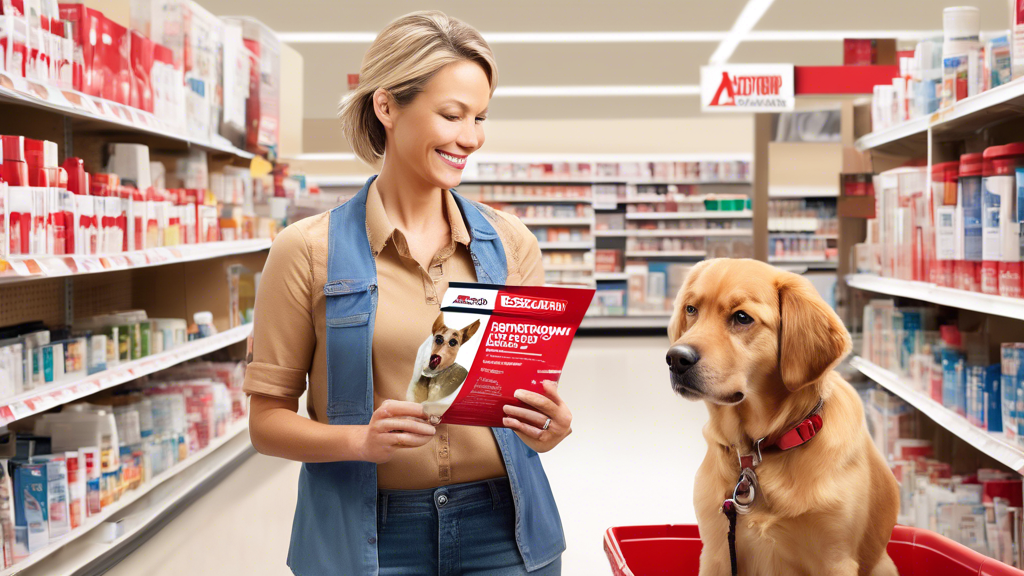 Create an image of a caring pet owner at a Tractor Supply store, attentively shopping for heartworm prevention products. The pet owner is holding a cute, healthy dog on a leash, while examining a shel