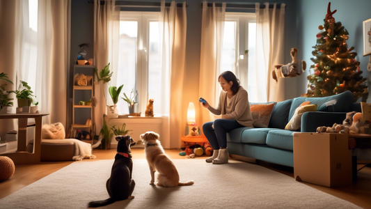 A cozy living room scene showing a person clicker training their dog. The person is holding a clicker in one hand and a treat in the other, while the dog sits attentively, looking up at them. Nearby, 