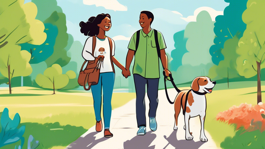 A heartwarming illustration of a dog wearing a Gentle Leader leash, with a happy pet owner walking alongside in a scenic park. The dog appears calm and content, highlighting the leash's effectiveness.