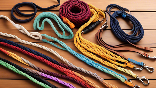 Create an image of a variety of 30 ft dog leashes laid out neatly on a wooden table. The leashes should come in different materials (such as nylon, leather, and rope) and colors. There should also be 