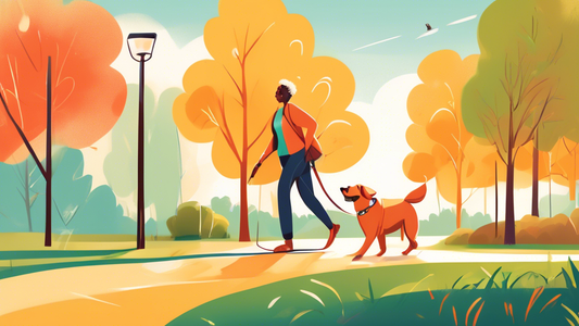 An illustrative image of a happy dog and owner walking in a park using a stylish, well-fitted Martingale leash. The dog appears comfortable and the leash prevents pulling. The background includes tree