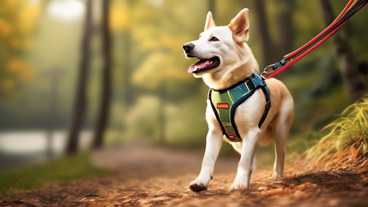 Create a detailed image of a happy dog wearing a durable, chew-proof harness. The harness should be made of tough, high-quality materials and designed to withstand chewing. Show the dog in an active o