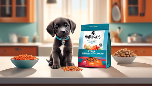 Illustration of a cute puppy sitting beside a bowl of Diamond Naturals Puppy Food. The packaging of the food is visible, showcasing its vibrant branding. The scene is set in a cozy, well-lit kitchen, 