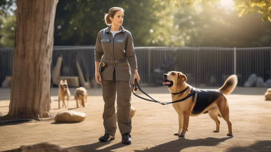 A realistic depiction of a professional dog trainer in a well-lit outdoor training area working with a vigilant and strong guard dog. The dog is attentively following commands like 'sit' and 'stay' wi