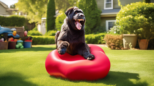Create an image of a giant, colorful, indestructible dog toy resembling the classic Kong shape, approximately the size of a small car, sitting in a spacious backyard. A large, happy dog is playing wit