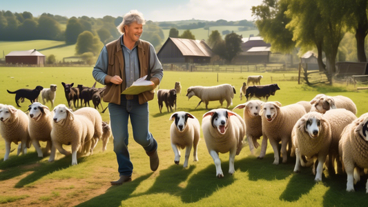 Create an image of a picturesque rural setting featuring a farm with sheep and cattle. In the foreground, depict a professional dog trainer working with enthusiastic herding dogs. The trainer should b