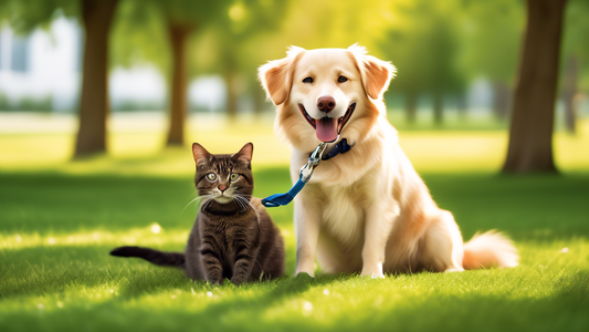 Create an image of a happy dog and cat together at a park, both wearing durable, high-quality lifetime leashes. The leashes should be vibrant and designed to be comfortable and safe. The background sh
