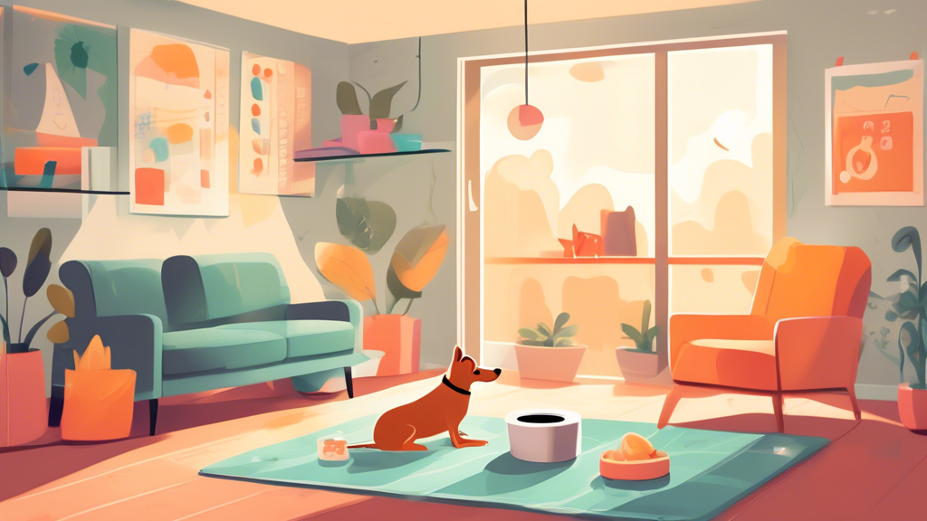 An illustration of a happy dog in a cozy, modern living room successfully using a designated indoor potty area with a puppy pad. The scene includes a cheerful pet owner using positive reinforcement wi