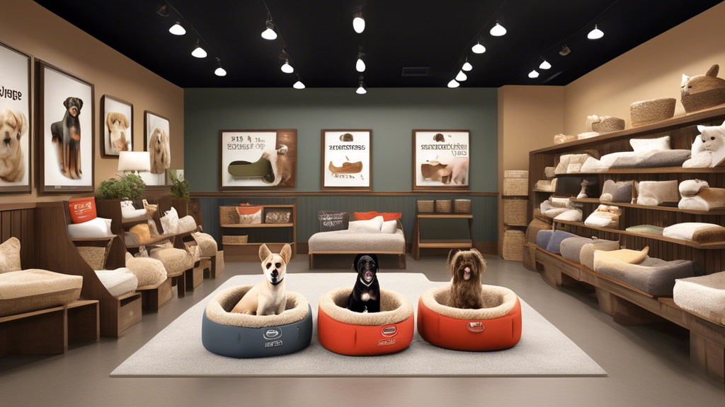 Create an image of a cozy and stylish pet store interior showcasing an array of luxurious dog beds in various sizes and designs, ideally placed in a display at Petco. The scene should include dogs of 