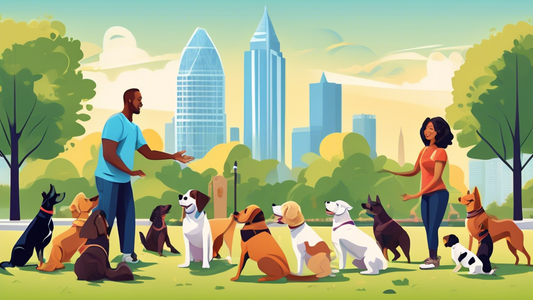 A detailed illustration of a friendly and professional dog trainer working with a variety of dogs in a vibrant park setting in Atlanta. The trainer is demonstrating obedience training techniques, with