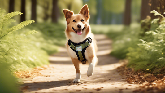 Create an image that showcases a happy dog wearing a Dogline harness in an outdoor setting, such as a park or a nature trail. The dog looks comfortable and content, with its fur shiny and well-groomed