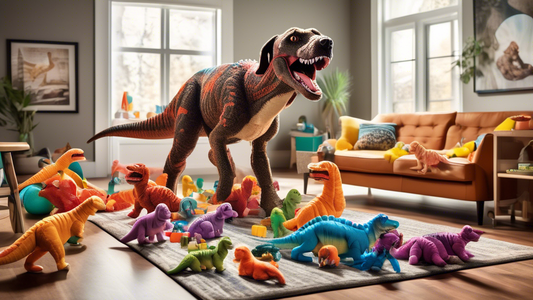 Create an image of a vibrant, playful scene in a modern living room where large, hyper-detailed dinosaur-shaped dog toys are scattered around. Include a variety of breeds of dogs joyfully interacting 