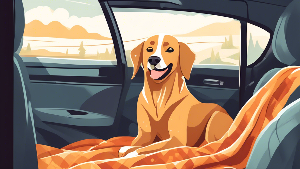 Create an illustration of a happy dog comfortably lounging on a stylish, plush blanket in the backseat of a clean car. The car interior is neat, with the blanket providing a cozy spot for the dog. Inc