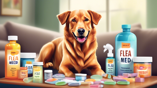Create an image of a happy, healthy dog with a shiny coat, sitting next to several types of flea medication with labels visible. The background should show a clean, comfortable living room. The atmosp