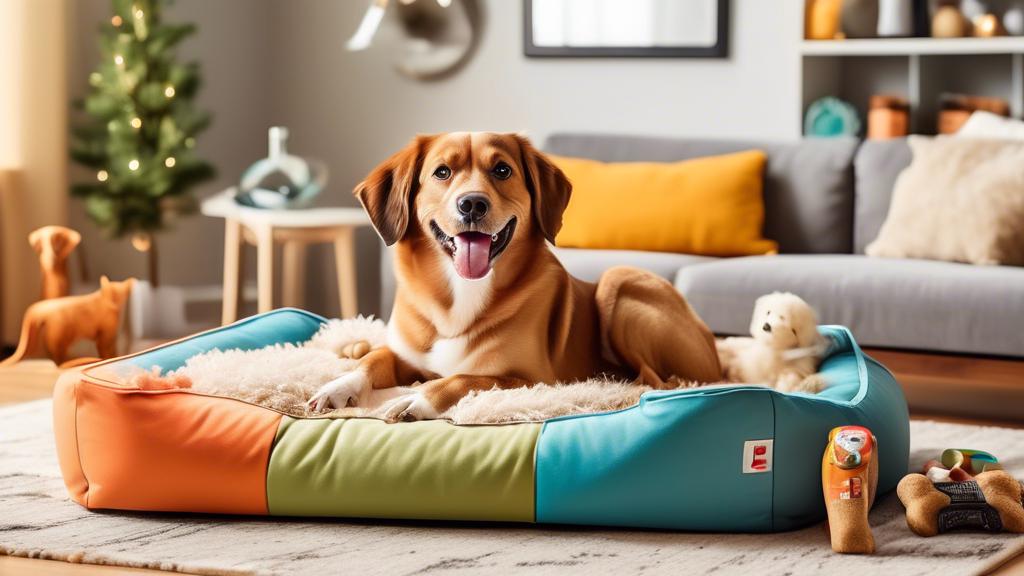 Create an image of an adorable dog surrounded by various top-rated dog products. Showcase a comfy dog bed, chew toys, gourmet dog treats, a stylish collar, a water bowl, and grooming essentials. The s