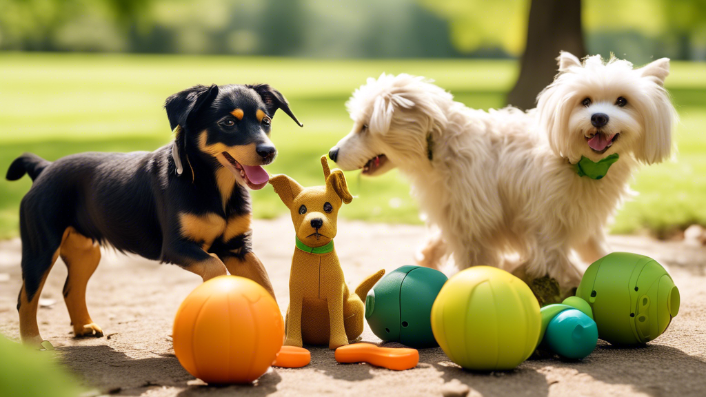 Create a vibrant and cheerful image of dogs playing with eco-friendly toys in a lush park. The toys should be made from natural materials like hemp, recycled rubber, and organic cotton, emphasizing th