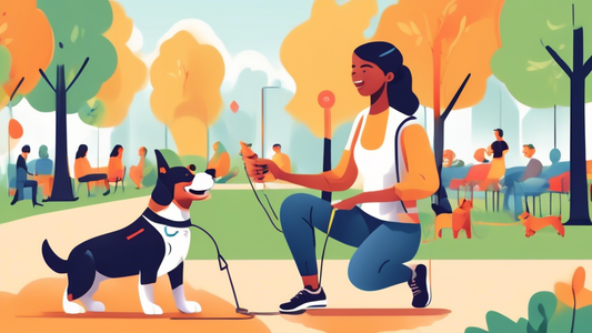 Create an image of a friendly dog trainer in an outdoor setting, working patiently with a reactive dog on a leash. Surround them with vibrant community elements like a park, benches, nearby pet owners