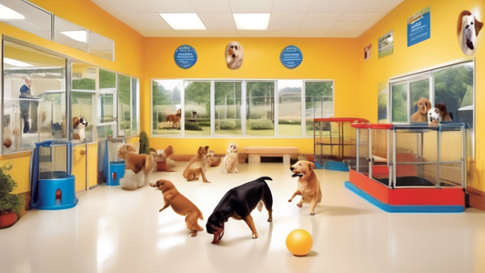 Create an image of a bright, welcoming dog training center. The center should have well-maintained training areas, certified trainers engaging with happy dogs of various breeds in different training e