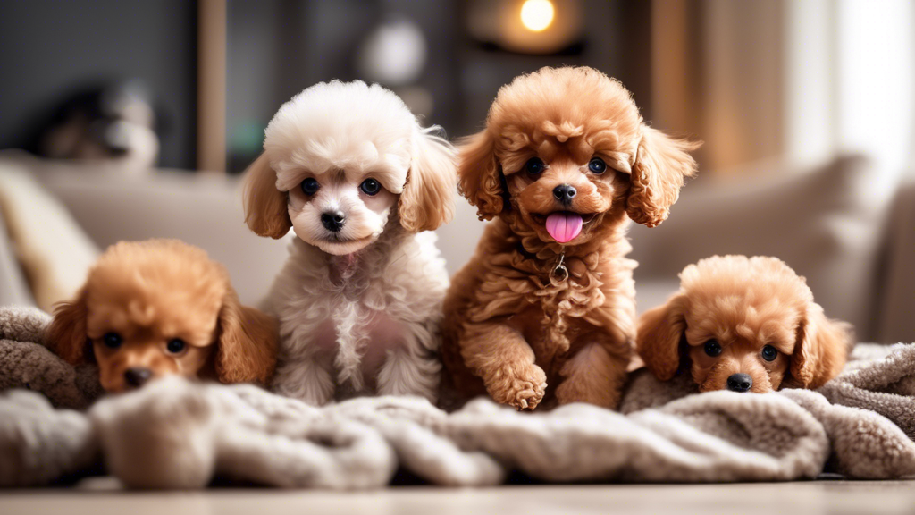 Create an image featuring a group of adorable Toy Poodle puppies playing together in a cozy, well-lit living room. Each puppy has unique, curly fur in various colors such as apricot, black, and white.