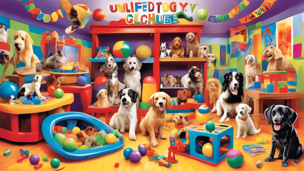Create an image of a joyful dog clubhouse filled with an endless variety of colorful toys. Show dogs of different breeds enthusiastically playing with chew toys, balls, squeaky toys, and puzzle games.