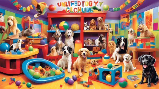 Create an image of a joyful dog clubhouse filled with an endless variety of colorful toys. Show dogs of different breeds enthusiastically playing with chew toys, balls, squeaky toys, and puzzle games.