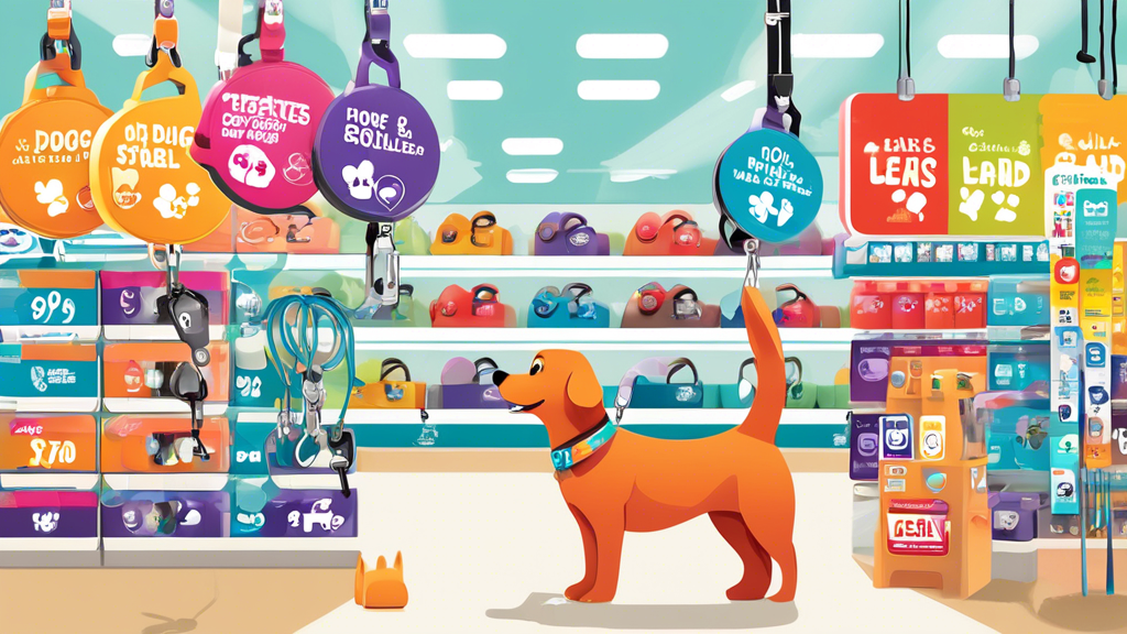 Create a digital illustration featuring a variety of retractable dog leads displayed in a pet store setting. Show different colors, designs, and lengths, with a cheerful dog happily exploring with one