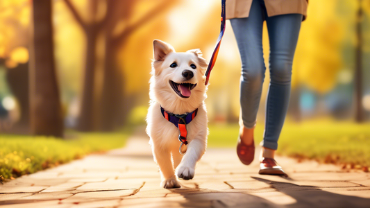 Create an image of a happy dog being walked in a sunny park using a durable nylon leash that highlights its strong, flexible material. Show close-up details of the leash's texture and colorful design,