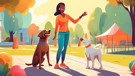 A cheerful dog trainer demonstrating basic obedience techniques with a happy, energetic dog in a bright, outdoor setting. Includes actions such as sit, stay, and fetch, with an array of colorful train