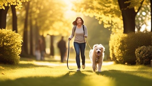 Create an image of a happy dog being walked on a 10 ft leash by its owner in a sunny park. The leash should be fully extended, allowing the dog plenty of room to explore. Highlight features like safet