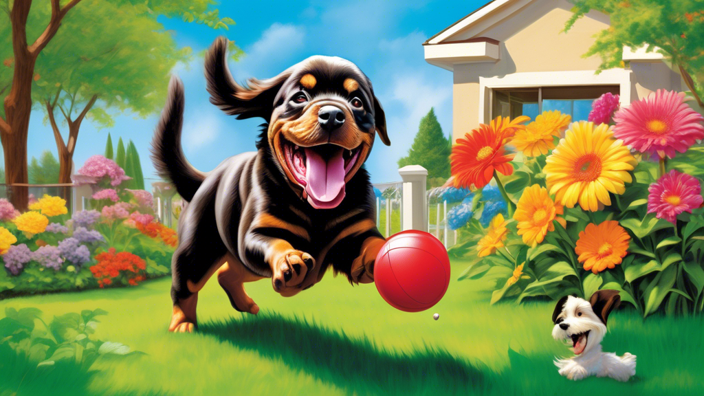 Create an image showcasing a Kong Duramax Ball being joyfully chewed by a happy dog in a beautiful, sunny backyard setting. The ball should appear intact and show no signs of wear, emphasizing its dur