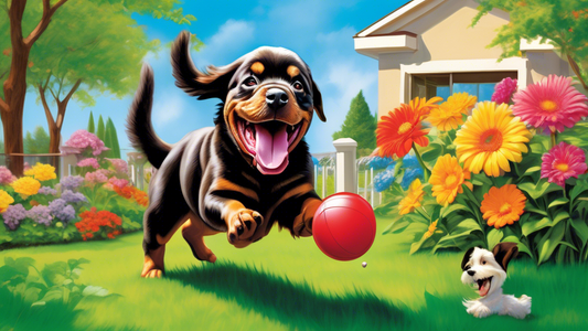 Create an image showcasing a Kong Duramax Ball being joyfully chewed by a happy dog in a beautiful, sunny backyard setting. The ball should appear intact and show no signs of wear, emphasizing its dur