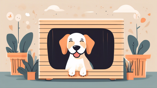 Create an image of a happy dog inside a comfortable and stylish crate. Surround the crate with various types of other high-quality dog crates, each showcasing different features like ventilation, padd