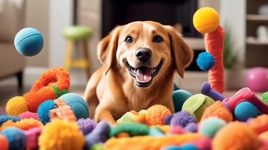 Illustrate a happy, energetic dog surrounded by a variety of durable dog toys specifically designed for tough chewers. The toys should be vividly colored and include items like indestructible rubber b