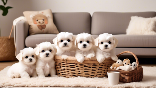 Create an image of a cozy, well-lit living room setting with a soft beige rug. Place a small basket in the center containing three adorable teacup Maltese puppies with fluffy white fur and expressive 