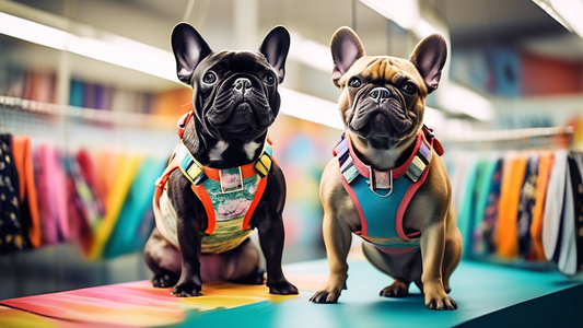 Create an image featuring a French Bulldog trying on different colorful, high-quality harnesses in a pet store. The scene should include an array of harnesses in various styles and sizes displayed on 